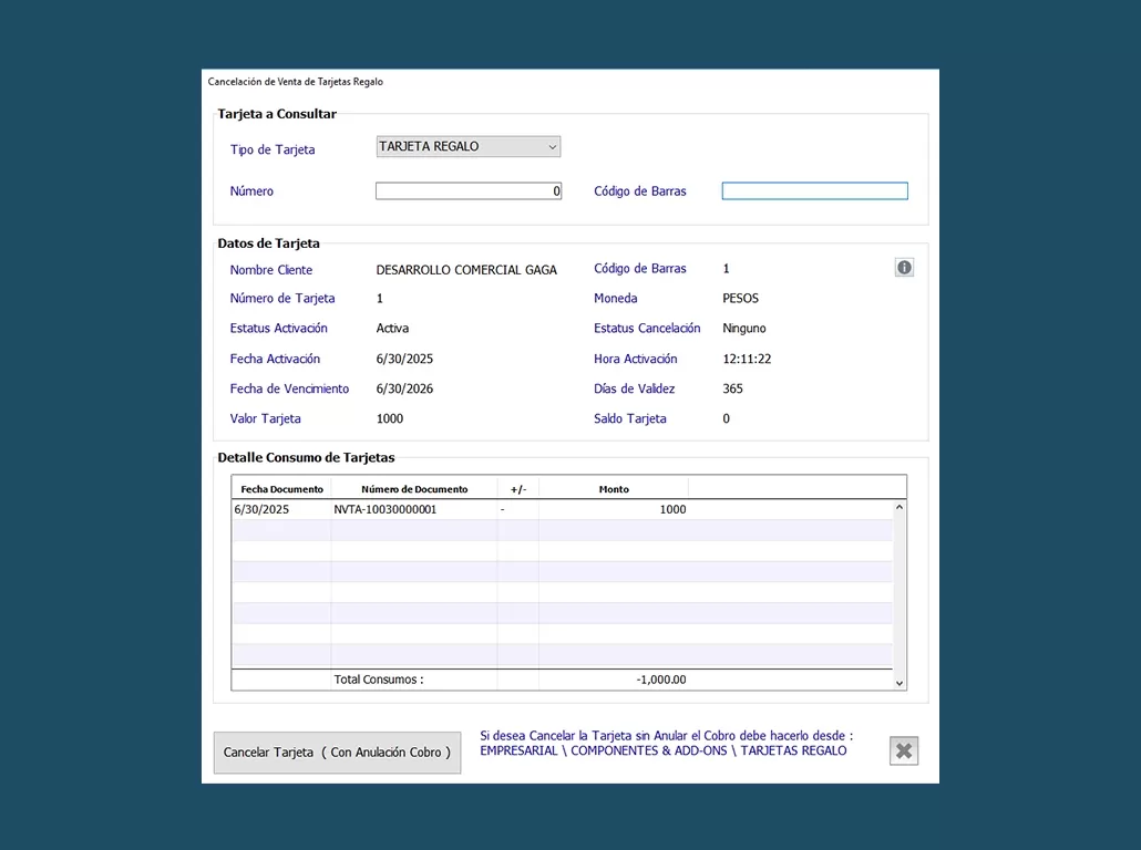 Cancelacion de Venta de Tarajeta Regalo