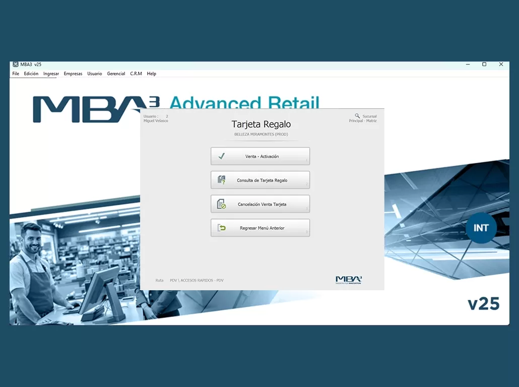 Menú Tarjetas Regalo PDV